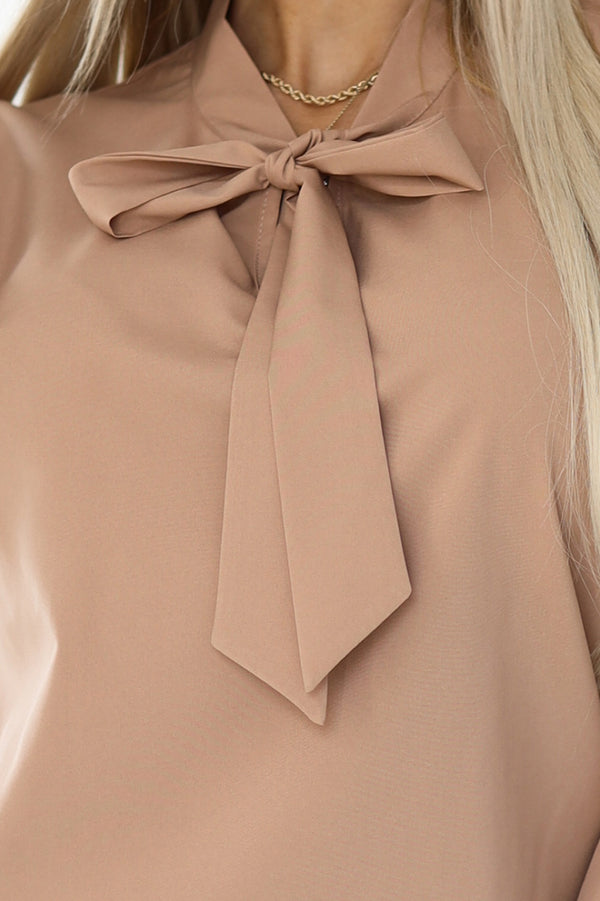 Bluză damă BUSINESS, mocha mousse, cu fundă, mâneci lungi