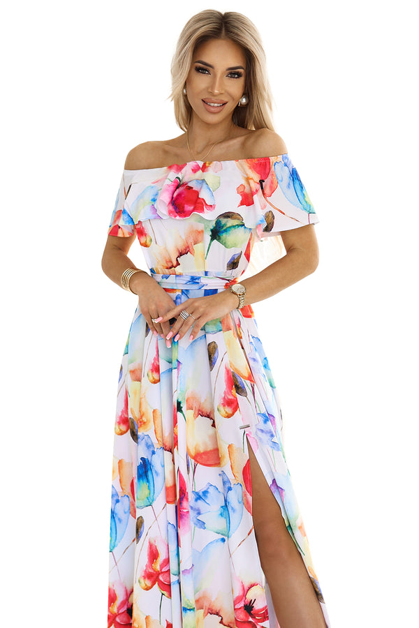 Rochie damă de vară, lungă, florală, curea, umeri goi