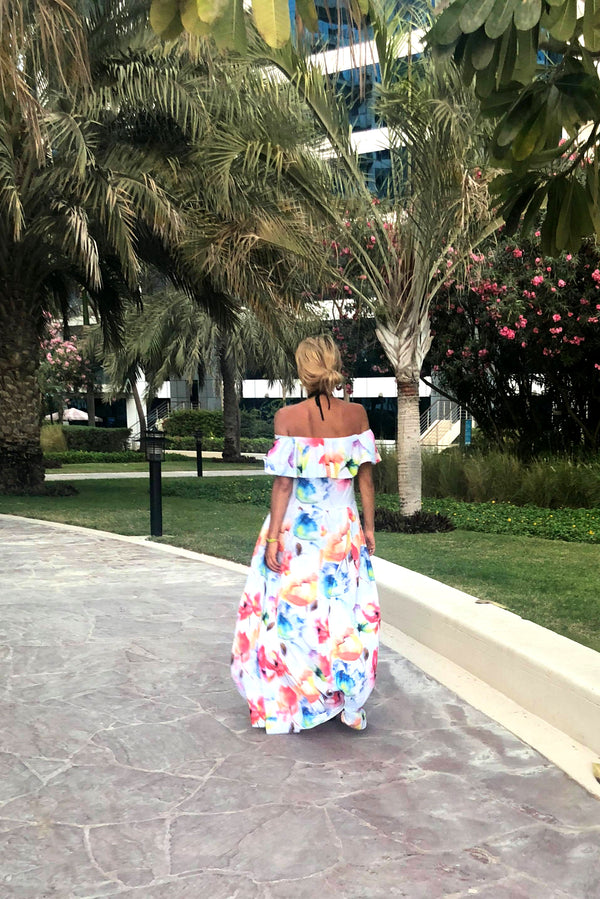 Rochie damă de vară, lungă, florală, curea, umeri goi