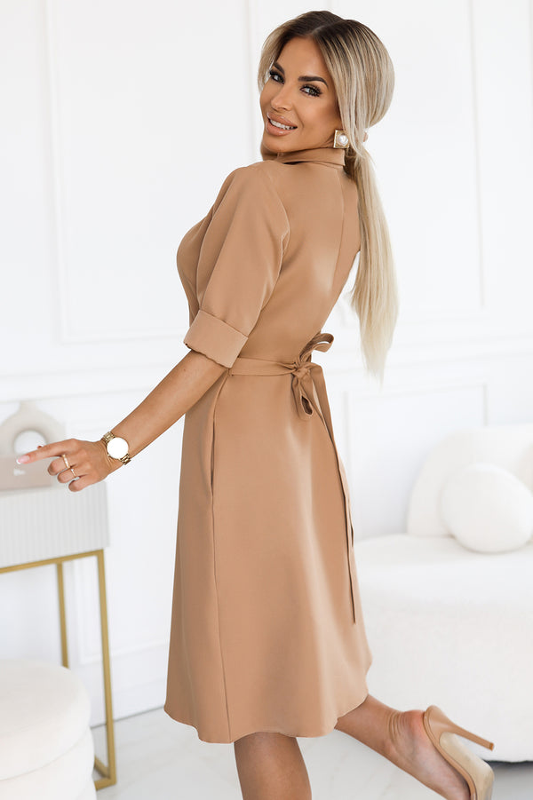 Rochie damă CAMASA, mocha mousse, guler clasic, talie ajustabilă