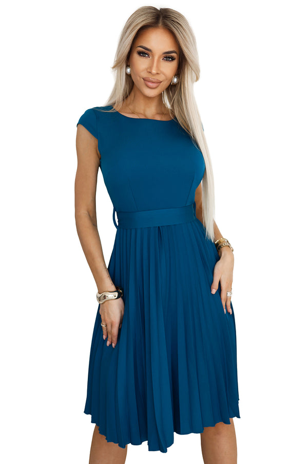 Rochie damă LILA, plisată, midi, verde marin, curea decorativă