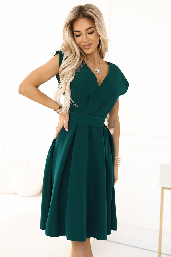 Rochie damă SCARLETT, cloș, verde, decolteu plic, curea