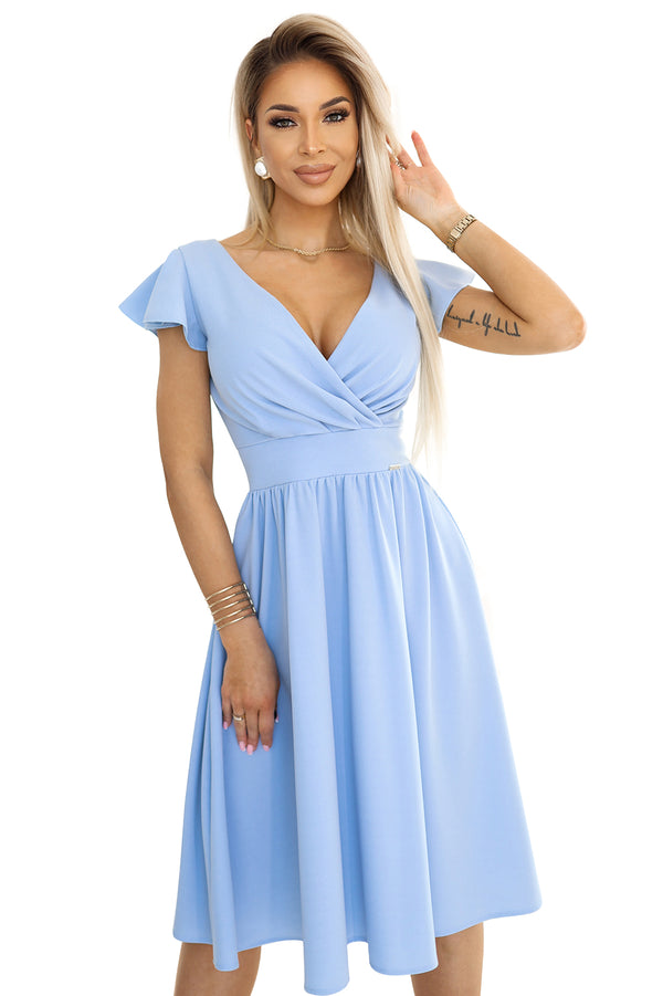 Rochie damă MATILDE, midi, decolteu petrecut, bleu pastel