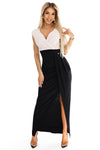 Rochie Maxi Bej-Negru cu Decolteu Petrecut și Fustă Brocart – Numoco Elegance