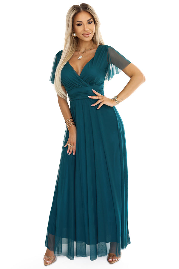 Rochie Maxi Verde din Siatecă Elastică cu Decolteu Petrecut – Numoco Basic