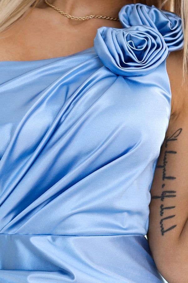 Rochie damă AURORA, satinată, lungă, un umăr, bleu ciel