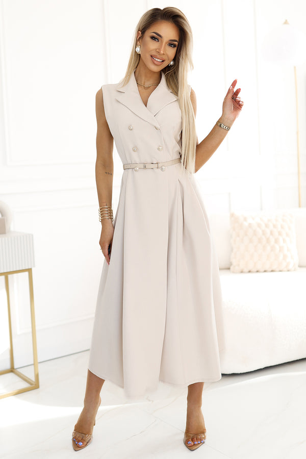 Rochie damă BASIC, șmiziercă midi, bej elegant, nasturi aurii