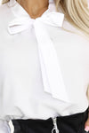 Bluză damă BASIC, albă, fundă la decolteu, mâneci lungi