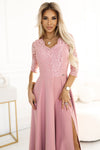 Rochie damă AMBER, lungă, dantelă, pudră roz, decolteu elegant