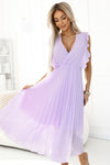 Rochie damă EMILY, plisată, volane, lavandă deschisă, decolteu