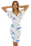 Rochie damă NINA, imprimată floral, decolteu petrecut, bleu pastel