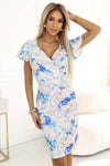 Rochie damă NINA, imprimată floral, decolteu petrecut, bleu pastel