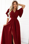 Rochie damă JENNIFER, lungă, bordo, decolteu plic, slit picior